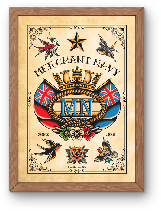 Framed wall art (Tattoo style British Merchant Navy badge and swallows)