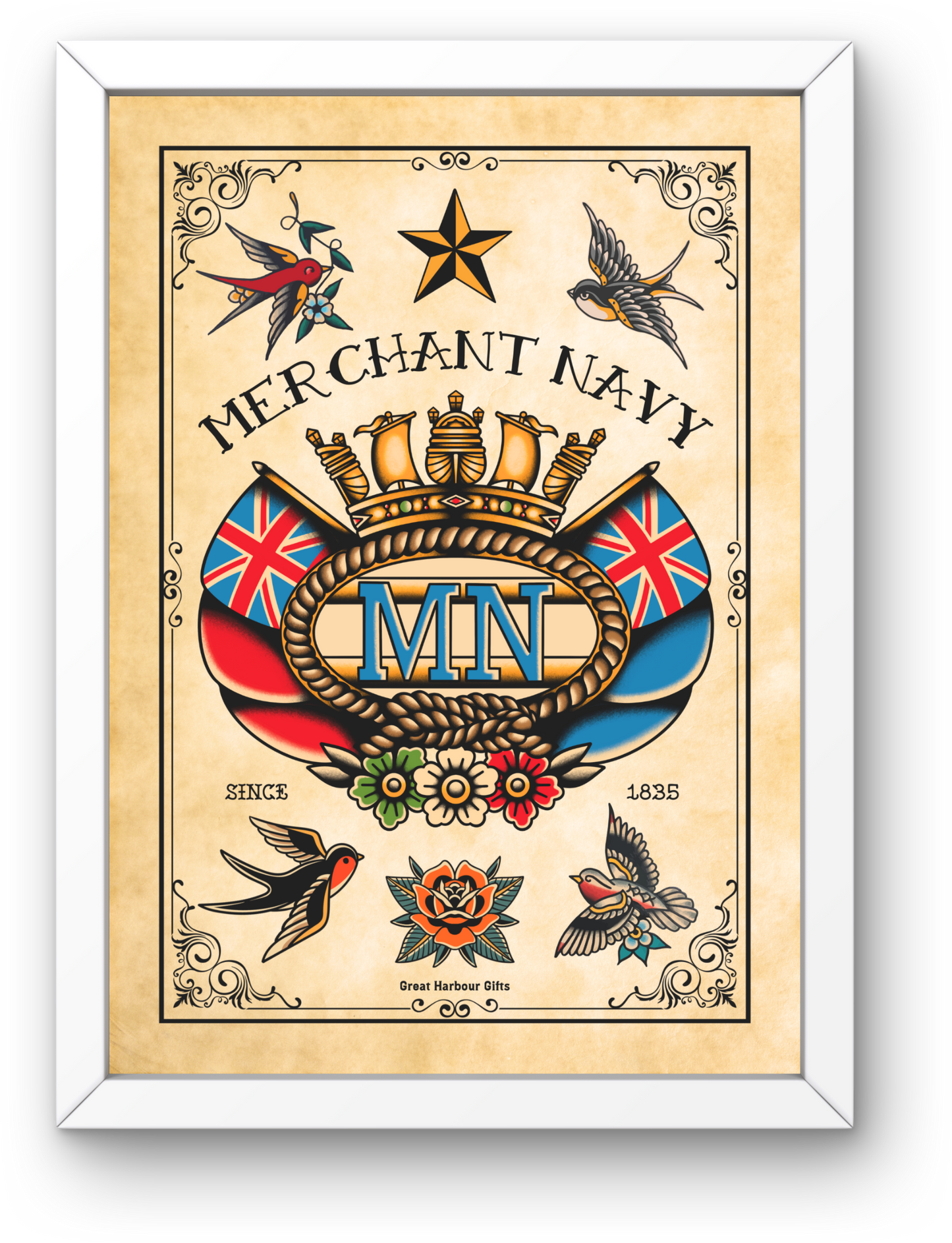Framed wall art (Tattoo style British Merchant Navy badge and swallows)