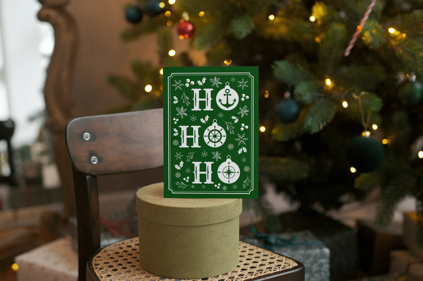 Nautical Christmas card, Ho, Ho, Ho baubles Great Harbour Gifts