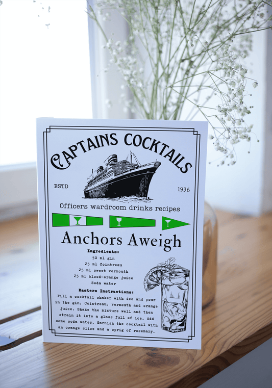 Nautical cocktail greeting card, (Anchors aweigh) Any occasion card. Great Harbour Gifts