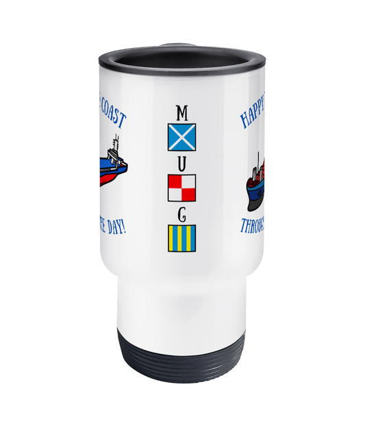 Travel mug, Happy to coast (Small cargo ship) Great Harbour Gifts