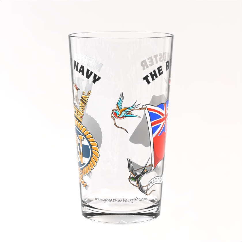 Pint glass, British Merchant Navy red duster and badge