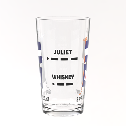 Pint glass, JW flags (I have sprung a leak)