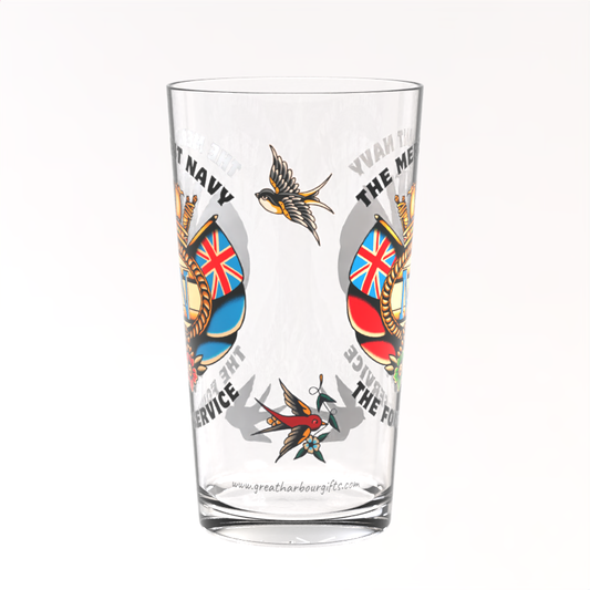 Pint glass, sailor tattoo Merchant Navy badge and swallows