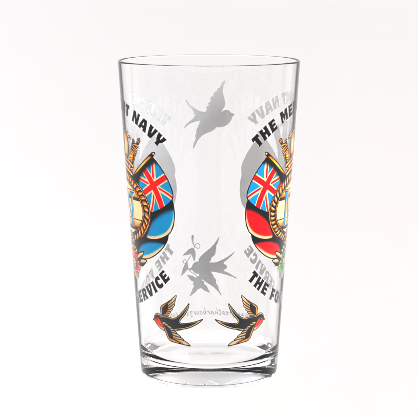 Pint glass, sailor tattoo Merchant Navy badge and swallows