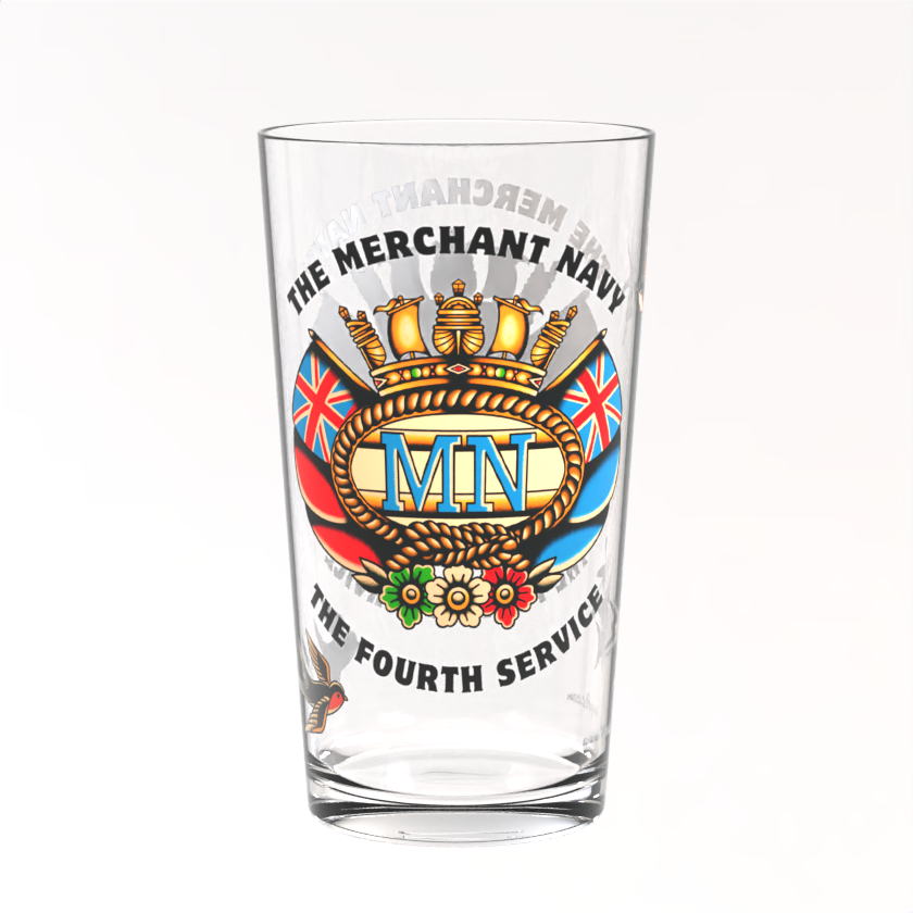 Pint glass, sailor tattoo Merchant Navy badge and swallows
