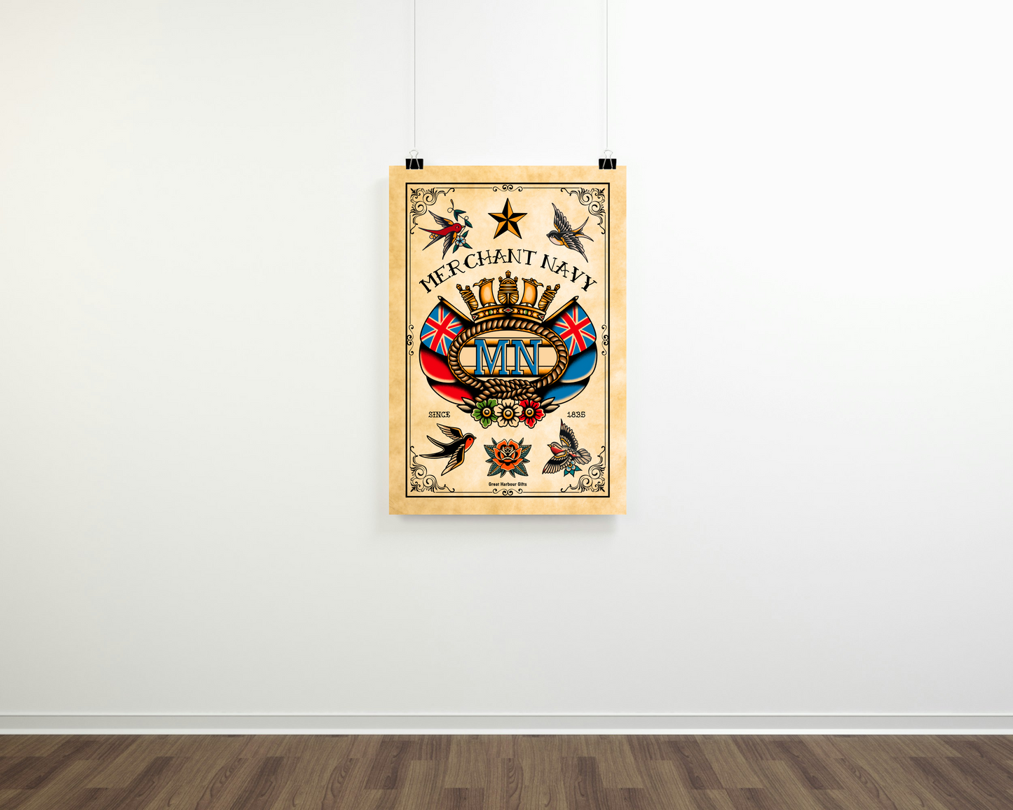 Poster print, Merchant Navy badge tattoo themed (A3 size fine art bamboo paper)