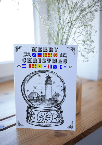 Nautical Christmas Card, Lighthouse Snow Globe Great Harbour Gifts