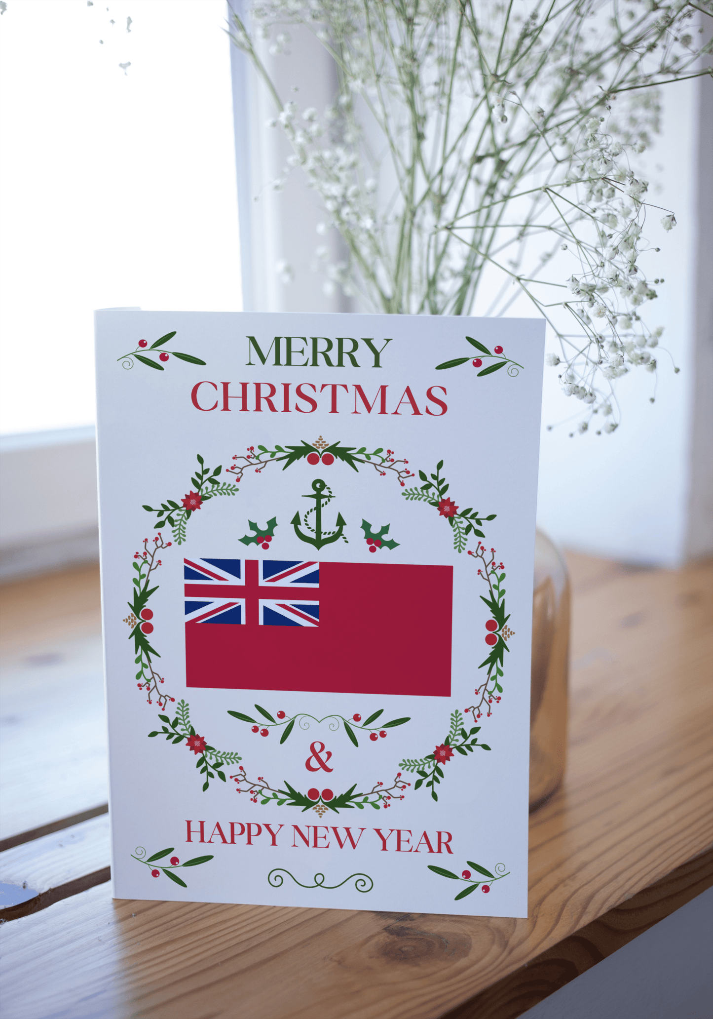 Nautical Christmas card, Merchant Navy red ensign, Christmas wreath and holly Great Harbour Gifts