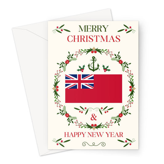 Nautical Christmas card, Merchant Navy red ensign, Christmas wreath and holly Great Harbour Gifts