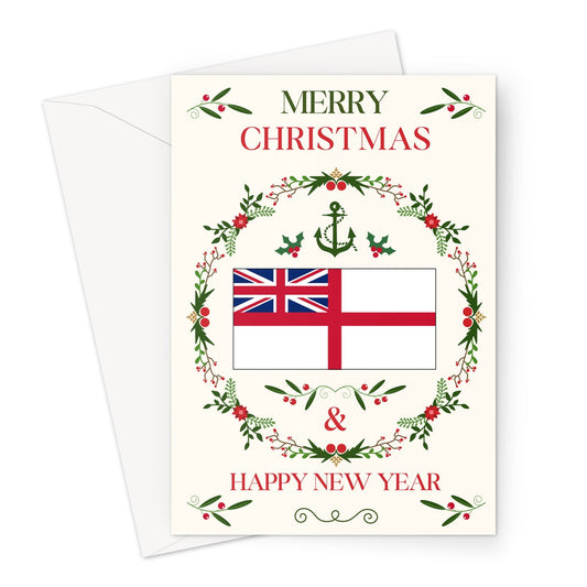 Nautical Christmas card, Royal Navy white ensign , wreath and holly Great Harbour Gifts