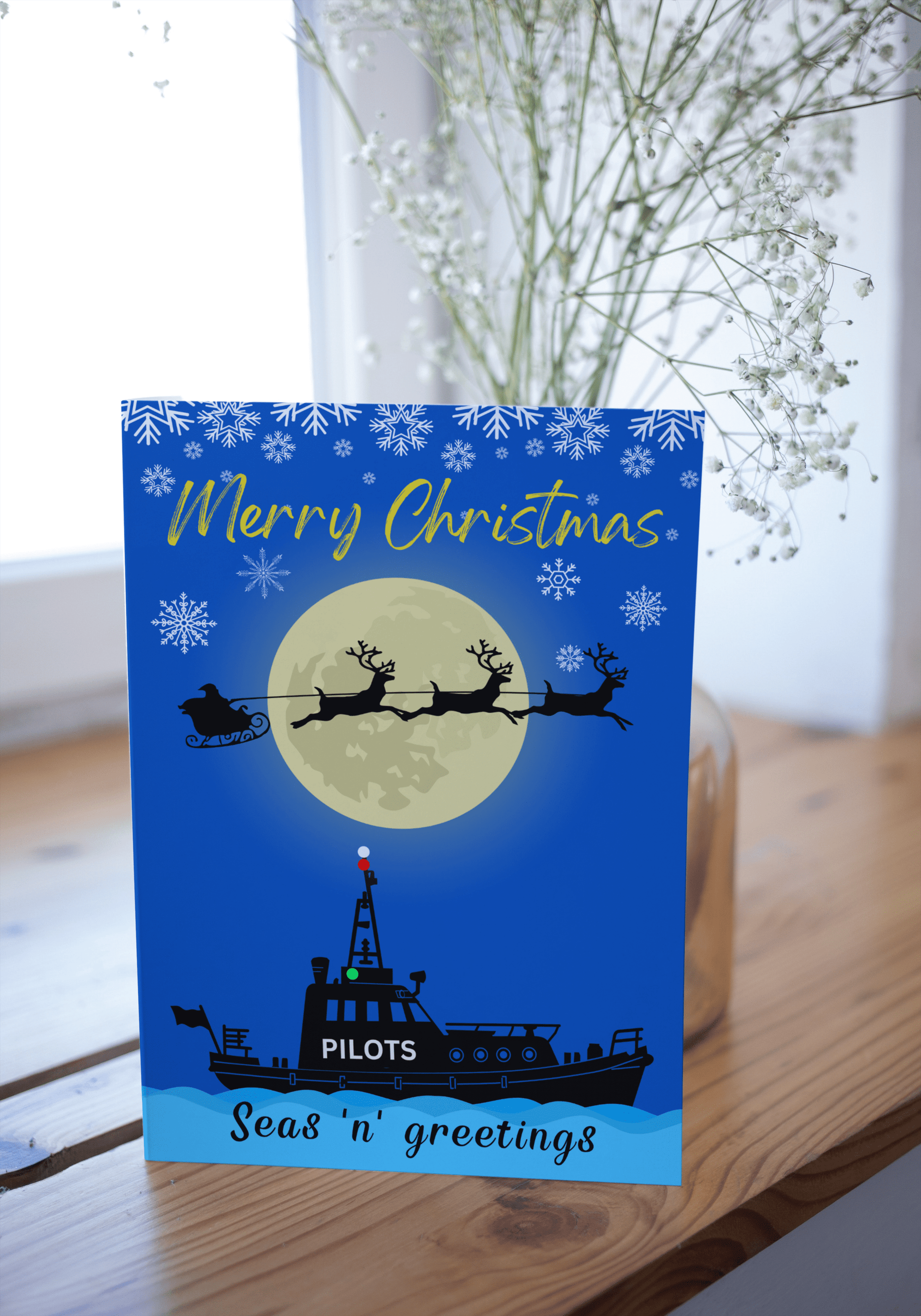 Nautical Christmas card, pilot boat and Santa's sleigh at sea Great Harbour Gifts