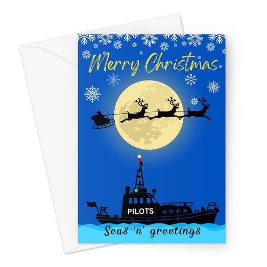 Nautical Christmas card, pilot boat and Santa's sleigh at sea Great Harbour Gifts