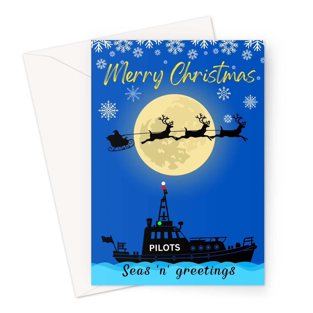 Nautical Christmas card, pilot boat and Santa's sleigh at sea Great Harbour Gifts