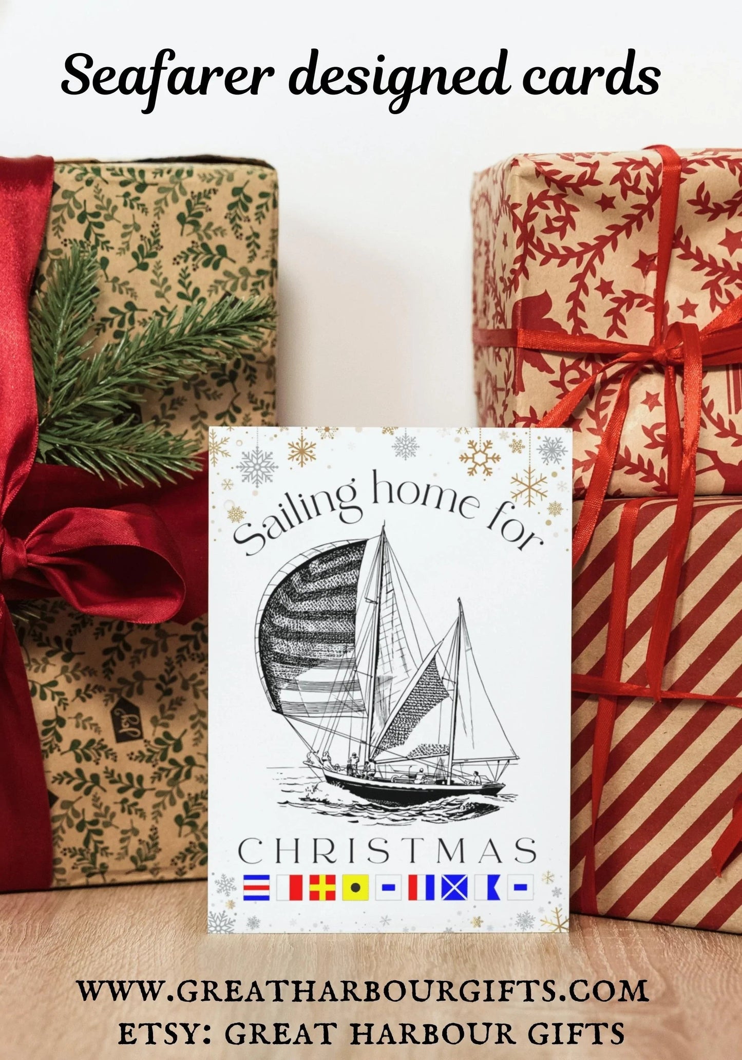 Nautical Christmas card, sailing home for Christmas. Great Harbour Gifts