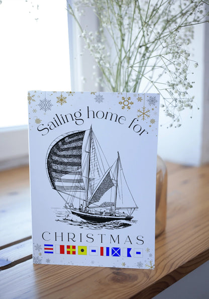 Nautical Christmas card, sailing home for Christmas. Great Harbour Gifts