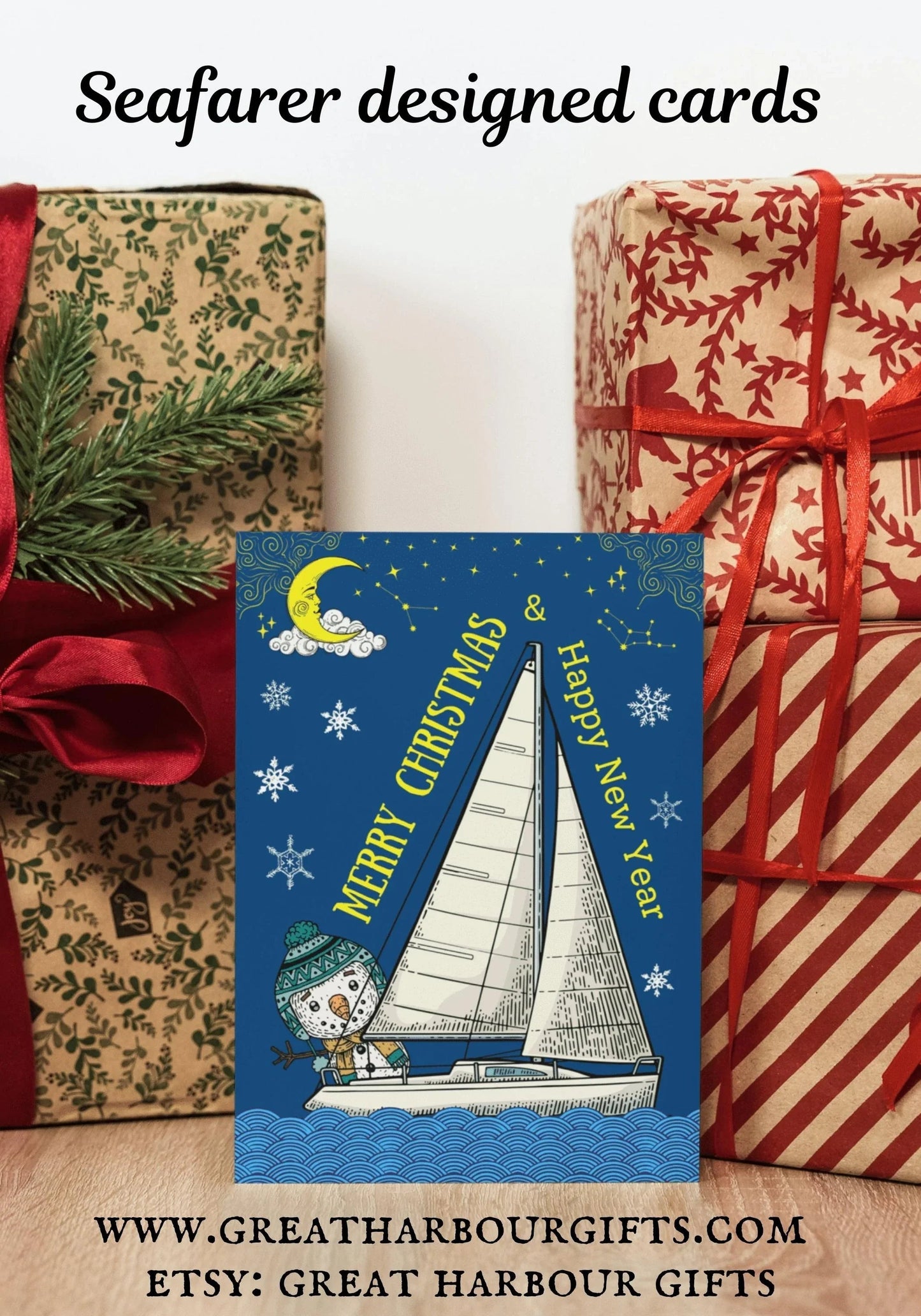 Nautical Christmas cards, Yachting snowman. Great Harbour Gifts