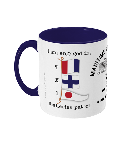 Nautical flag mug, I am engaged in fisheries patrol Great Harbour Gifts