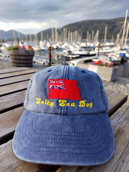 Vintage denim style cotton cap (Embroidered Salty Sea Dog Red ensign)