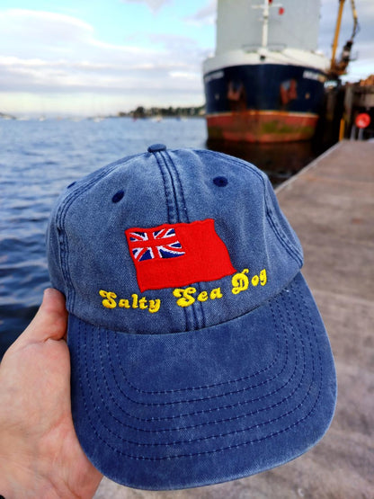 Vintage denim style cotton cap (Embroidered Salty Sea Dog Red ensign)