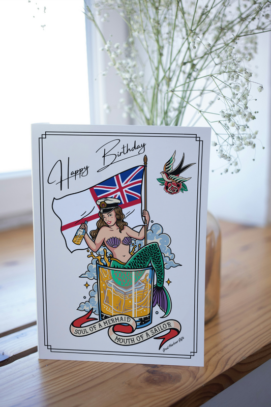 Nautical Birthday card, Royal Navy mermaid (white ensign)