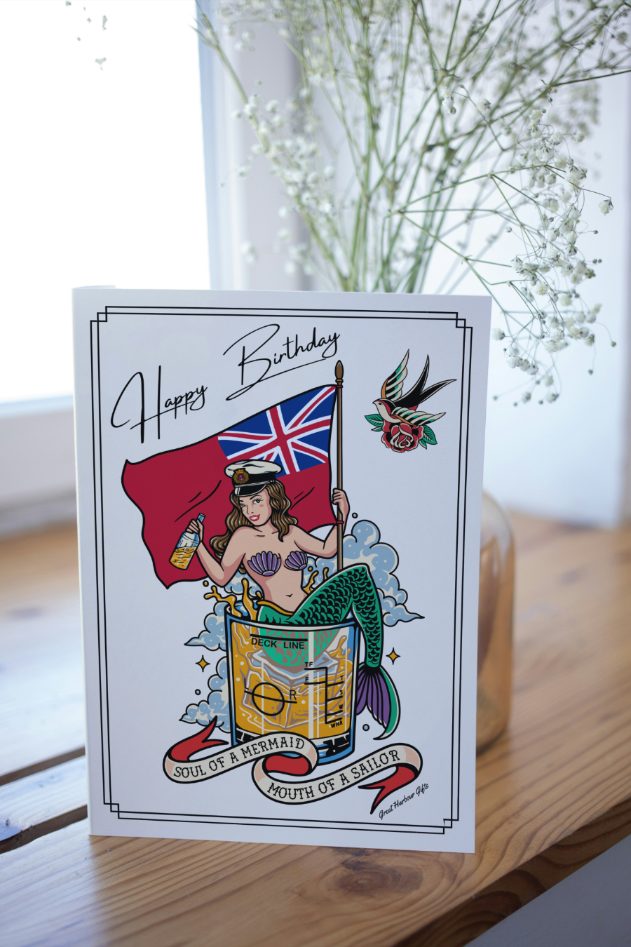 Nautical Birthday card, Merchant Navy mermaid (Red ensign)