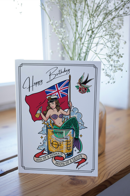 Nautical Birthday card, Merchant Navy mermaid (Red ensign)